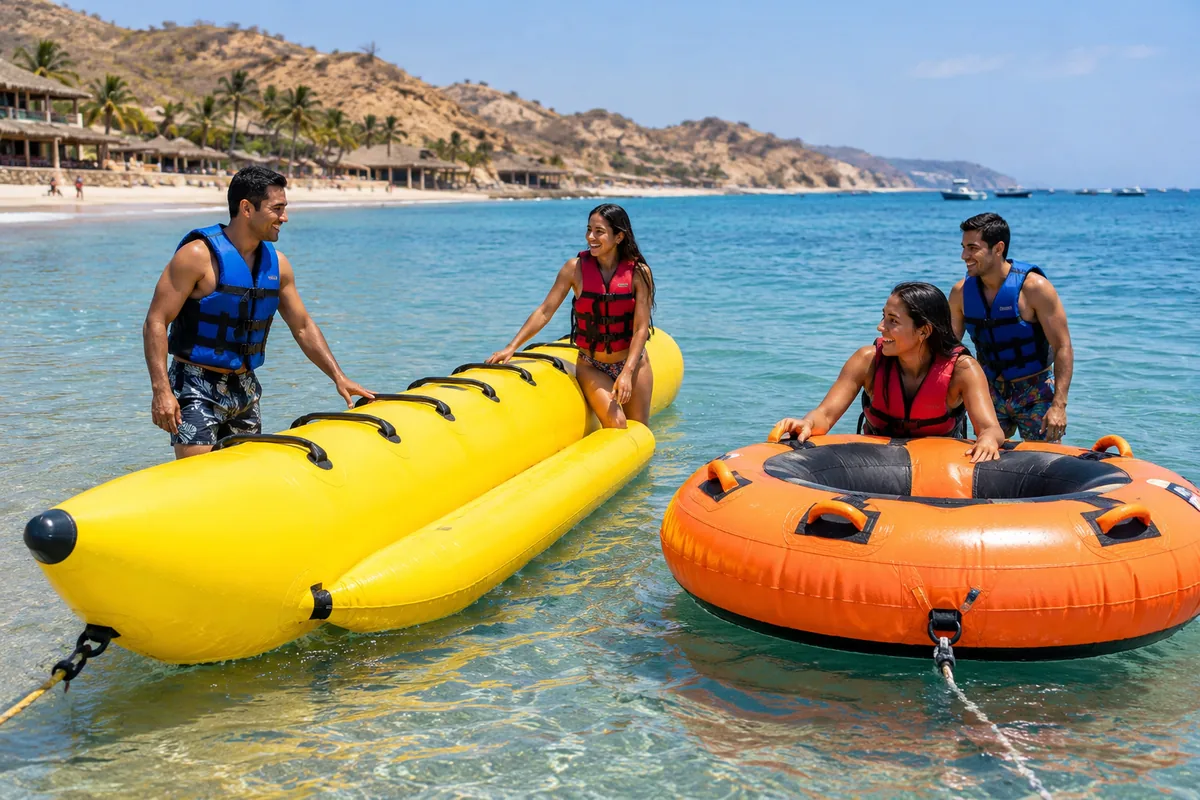 Donna inflable en la playa